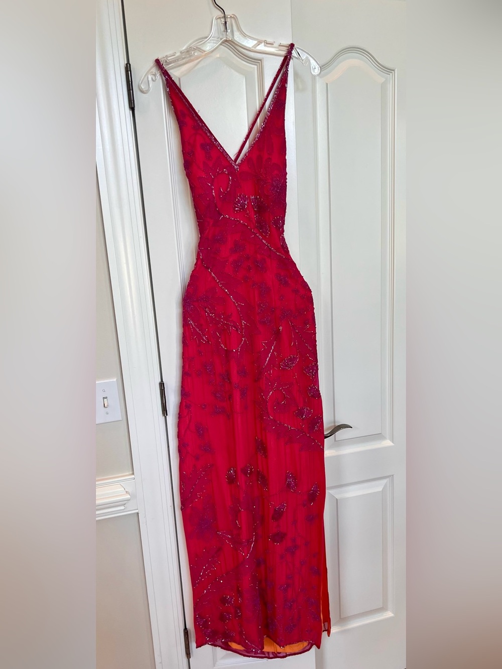 Cache Beaded Deep V Red Evening Gown